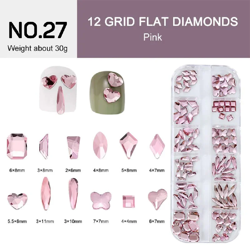 Nail rhinestone hypoallergenic-12 Grids Flat Diamonds Rhinestones #27 Pink