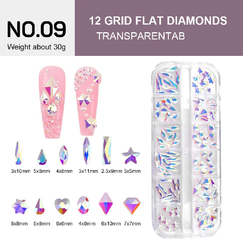 Nail rhinestone online stores-12 Grids Flat Diamonds Rhinestones #09 Transparent AB