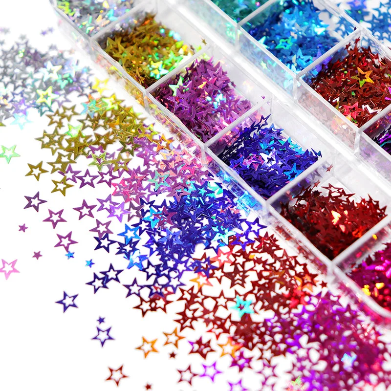 Nail art decoration fish-Starry Holographic Nail Art Glitter Flakes Hollow Stars Sequins For Nail Design Laser Gold Silver Paillette Nails Accessories