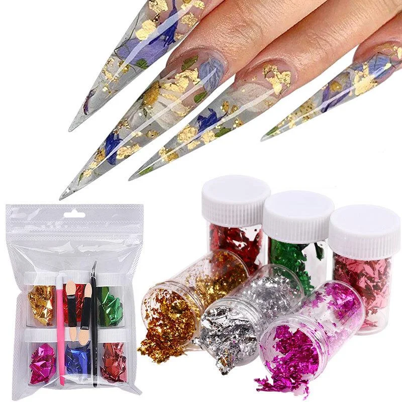 Nail art decoration hippie-6 Bottles Nail Foil Flakes + Tweezers + Sponge + Silicone Tools Set 1350