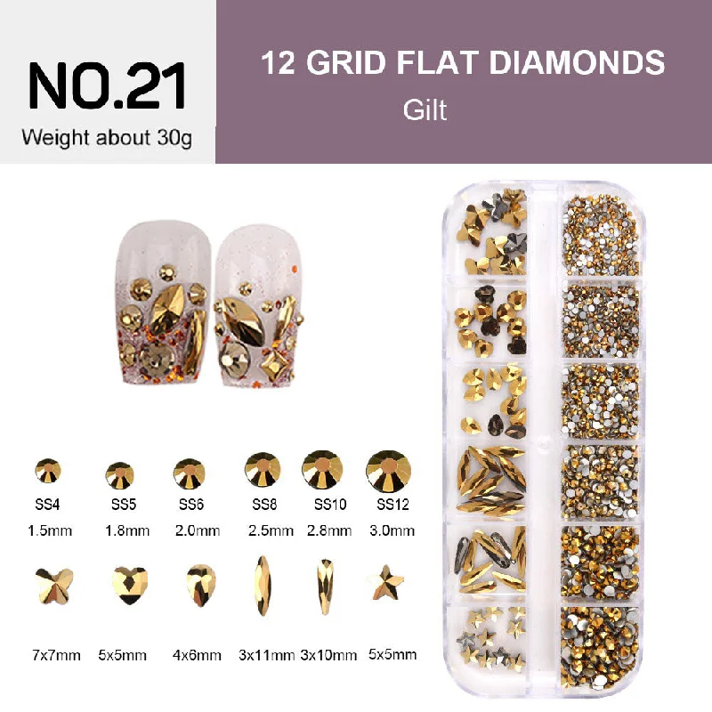 Nail rhinestone mid-range-12 Grids Flat Diamonds Rhinestones #21 Gilt