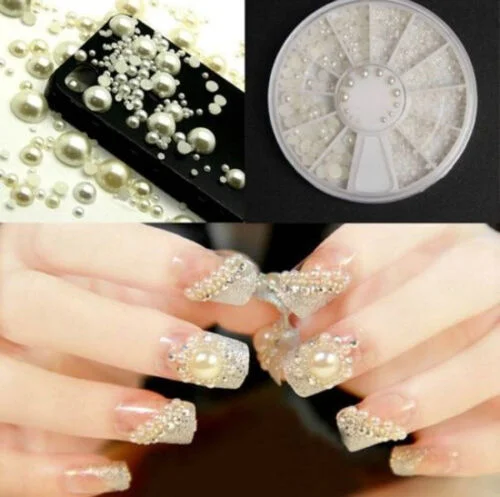 Nail rhinestone long nails-White Pearl Nail Art Stone Different Size Wheel Rhinestones Beads Decoration 0425