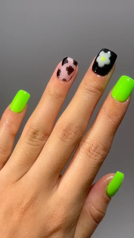 nail repair for cultural dance-Neon Green Petal Cow Print