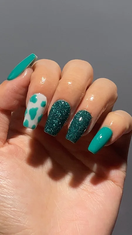 nail repair with nail bonding-Teal Aurora Cow Print