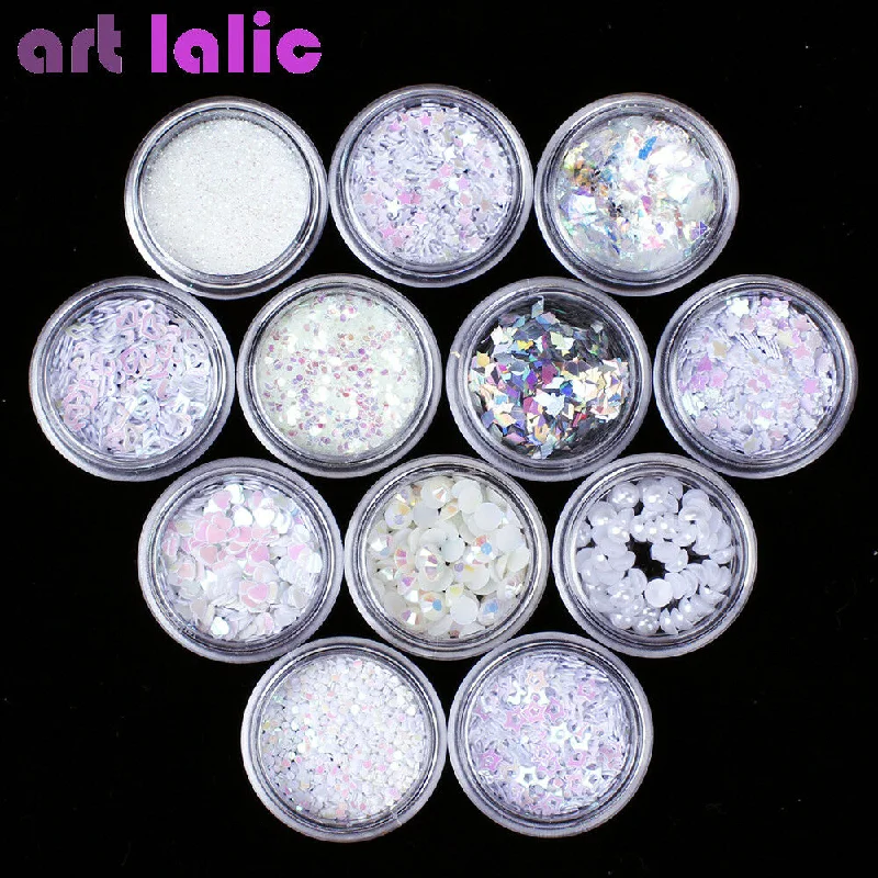 Nail art decoration salon-quality-12 Pots White 3D Nail Art Sequins Glitter Shapes Foil Pearl Gems Beads DIY 2337