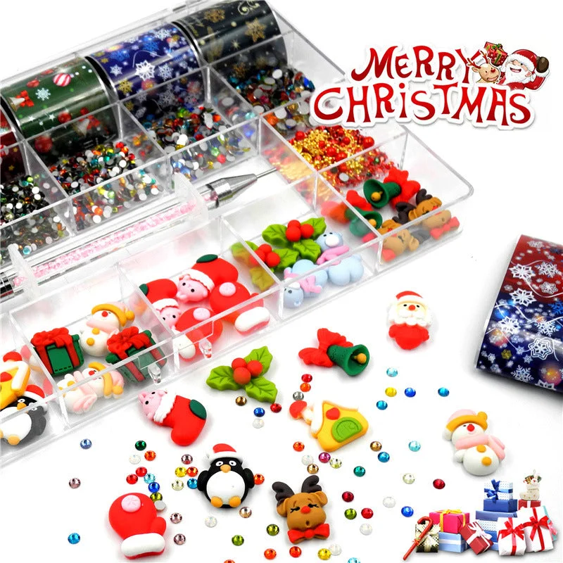 Nail rhinestone travel kits-2021 Christmas Nail Charm Box Set Christmas Nail Art Crystal Decoration