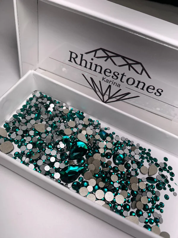 Nail rhinestone fire accents-Emerald variety mixed box