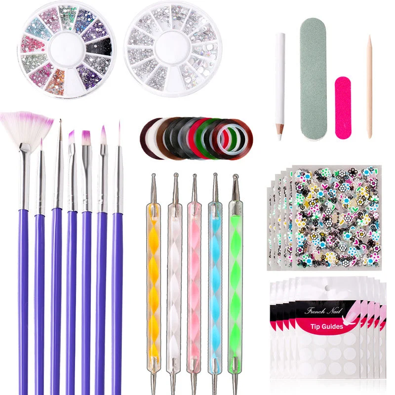 Nail art decoration stickers-44Pcs Set Nail Art Brush Rhinestone Dotting Pen Flower Sticker File Mainure Tool 2257