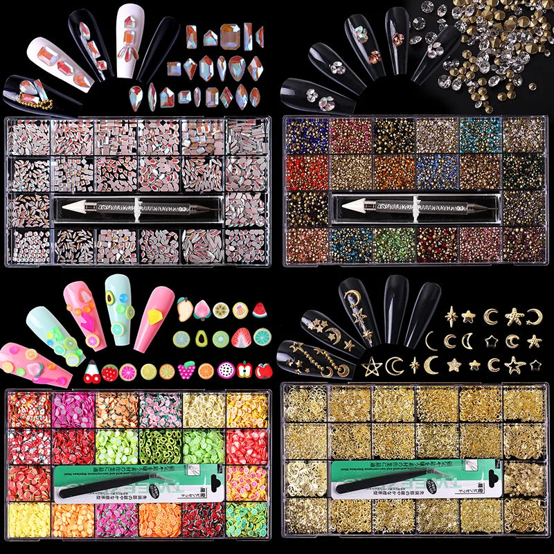 Nail rhinestone bold patterns-Crystal Ab White Rainbow Nail Art Mix Shape Fancy Shaped In Box Flat Bottom Glass Nail Rhinestone Art And Sequins