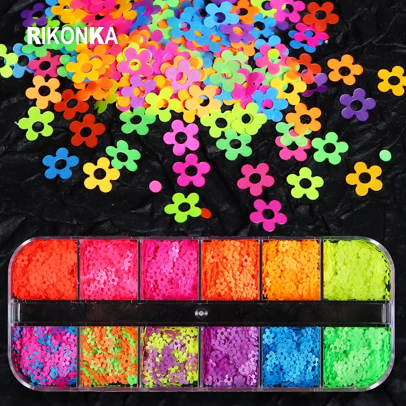 Nail art decoration bee-Fluorescence Flower Sequins 4MM Neon Nail Art Glitter Flakes Colorful Slice Set For DIY Summer French Charm Nail Art Decorations