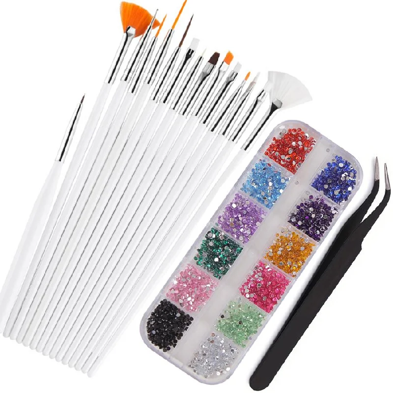 Nail art decoration all-in-one-15Pcs Nail Art Brush Set with 2mm Glitter Rhinestones, Curved Tweezers, Nail Decoration Kit 3099