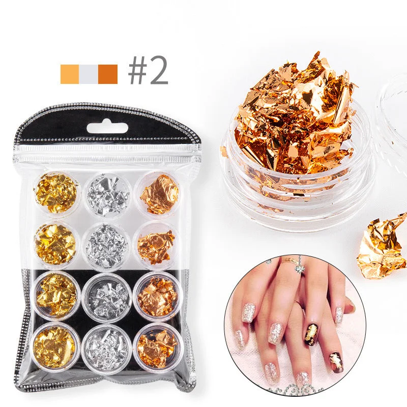 Nail art decoration coffee-Gold Silver Aluminum Nail Foil Glitter Sequins Nails Art Irregular Flakes Chrome Powder Sparkly Sticker Kit