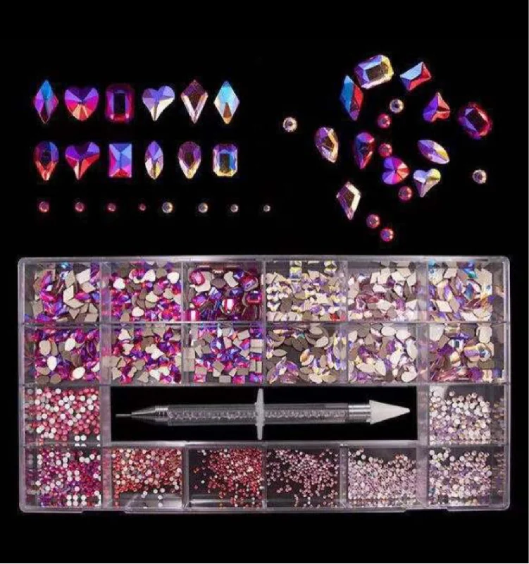 Nail rhinestone everyday wear-Pink crystals mixed box