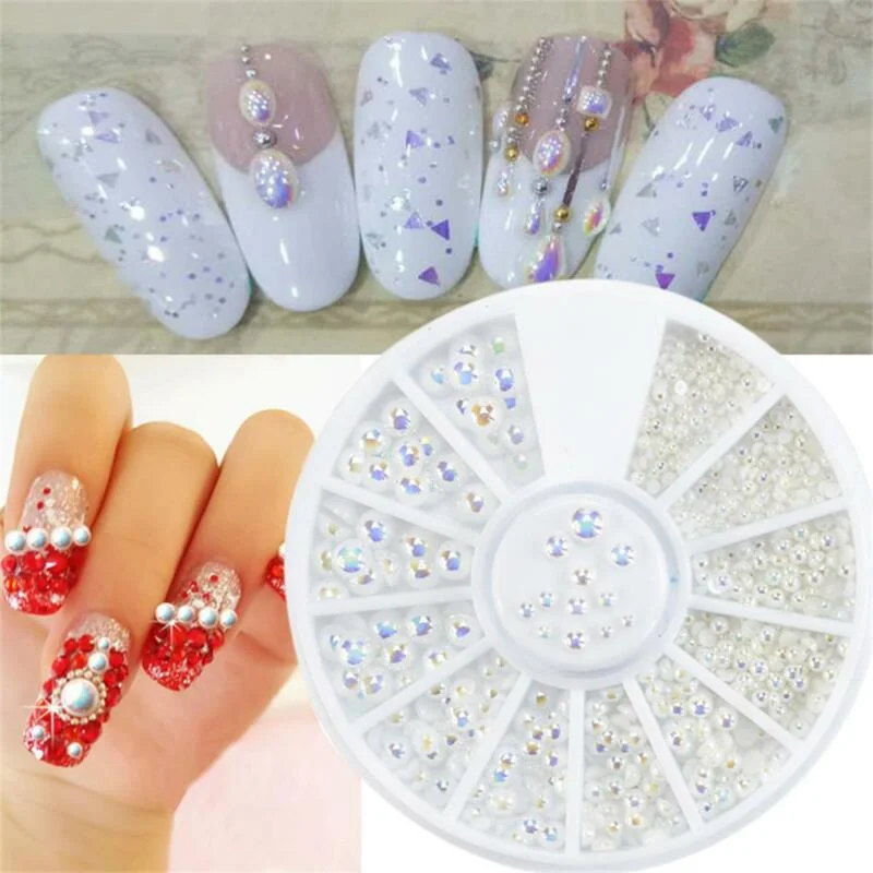 Nail rhinestone almond style-3D Nail Art White AB Beads Glitter Pearl Mixed Size 2986