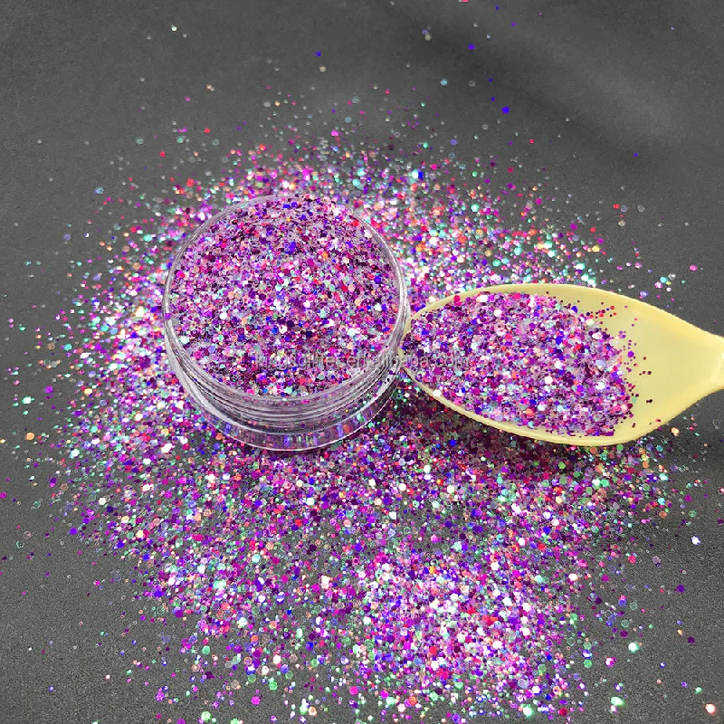 Nail art decoration flakes-Customized polyester glitter 1/24 1/64 mixed size hexagonal beauty holographic iridescent glitter PET material nail glitter