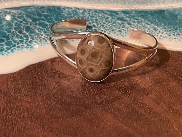 nail polish cozy sweater-Betty Bailey Petoskey Stone Sterling Silver Cuff Bracelet - Large Medium Oval