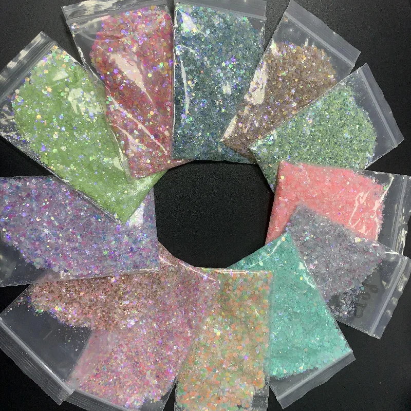 Nail art decoration holographic-Factory Wholesale Cosmetic Glitter Powder Hexagon PET Bulk  1KG Mixed Chunky Glitter Powder for Nail Crafts