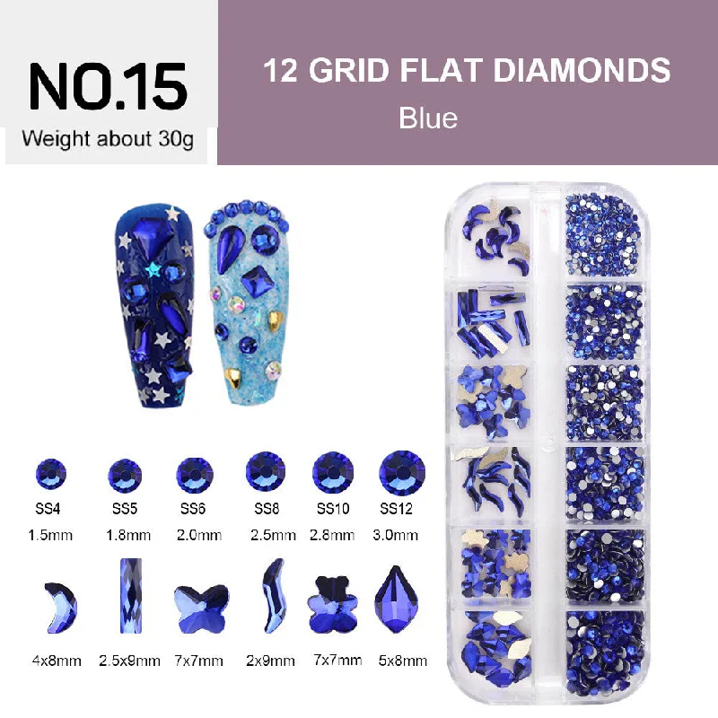 Nail rhinestone basics guide-12 Grids Flat Diamonds Rhinestones #15 Blue