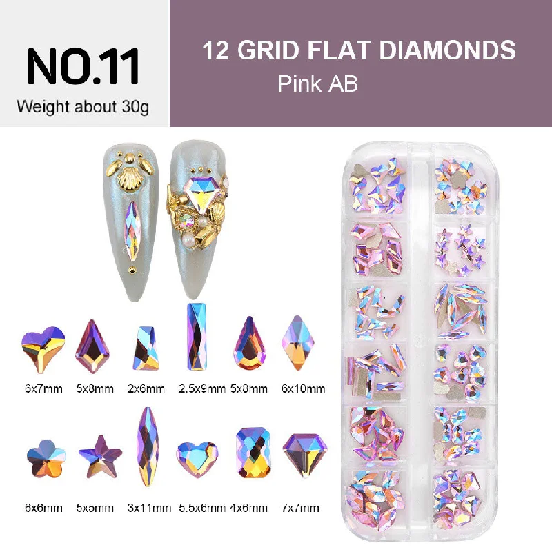 Nail rhinestone shipping deals-12 Grids Flat Diamonds Rhinestones #11 Pink AB