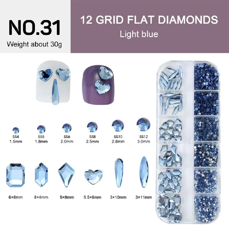 Nail rhinestone sweat-proof-12 Grids Flat Diamonds Rhinestones #31 Light Blue