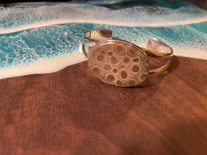 nail polish fireplace glow-Betty Bailey Petoskey Stone Sterling Silver Cuff Bracelet - Large Oval Flat