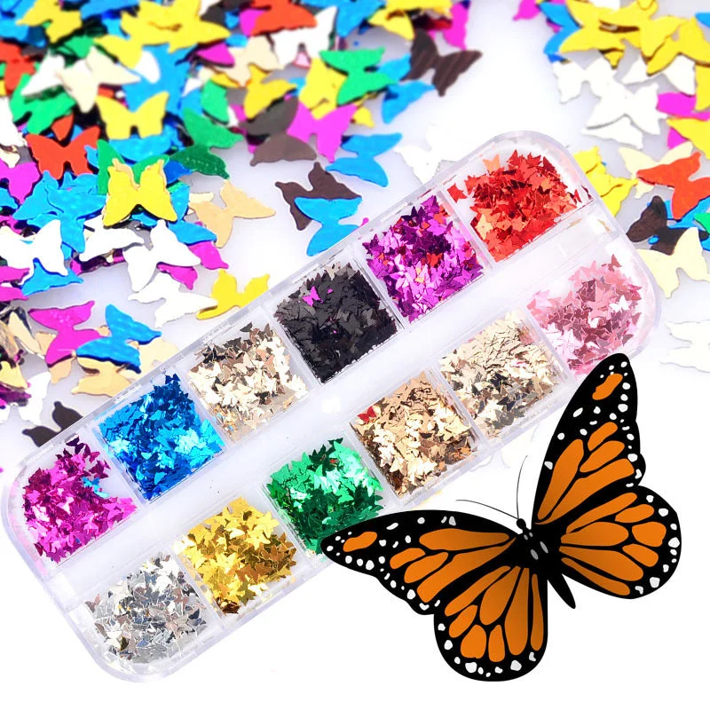 Nail art decoration free shipping-12 Colors Nail Art Flakes Glitter Sequins Paillette Butterfly 3D Tips Decoration 2542