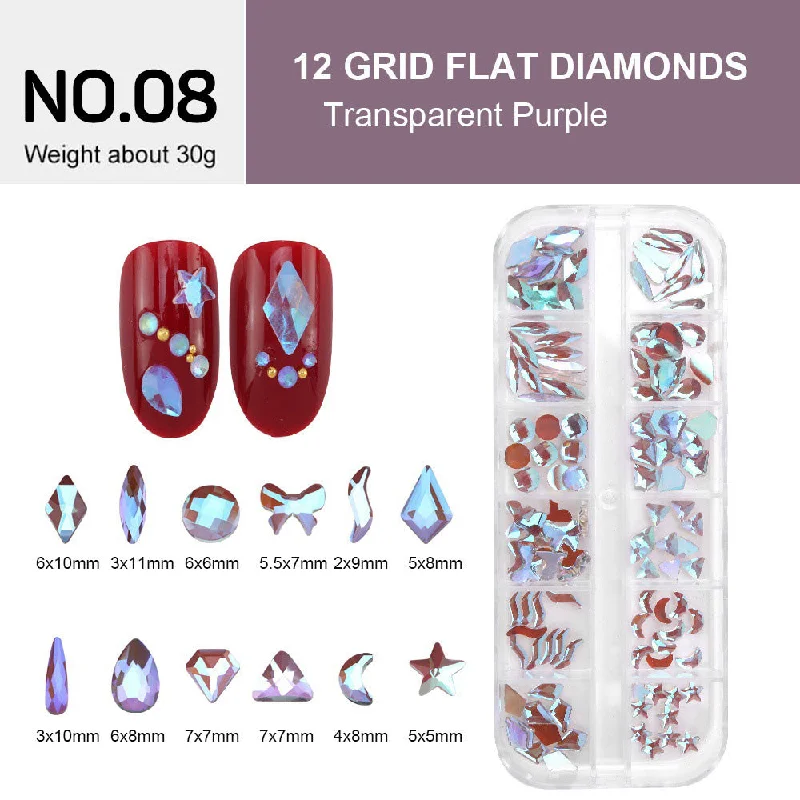 Nail rhinestone value packs-12 Grids Flat Diamonds Rhinestones #08 Transparent Purple