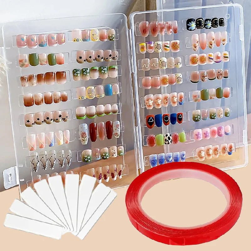 Nail art decoration essentials-Press on Nails Storage Box, Empty False Nail Packaging Box Set with Double-sided Adhesive Tape and 10 Acrylic Nail Display Sticks AT009