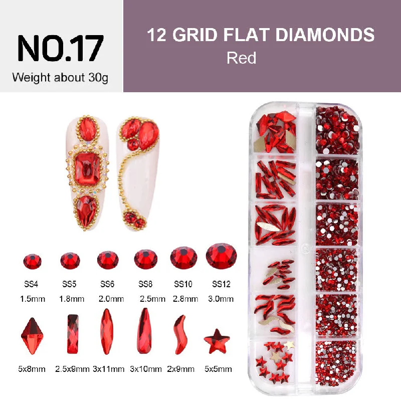 Nail rhinestone stylist picks-12 Grids Flat Diamonds Rhinestones #17 Red