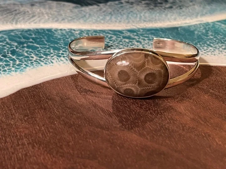 nail polish fall plaid-Betty Bailey Petoskey Stone Sterling Silver Cuff Bracelet- Rounded Oval