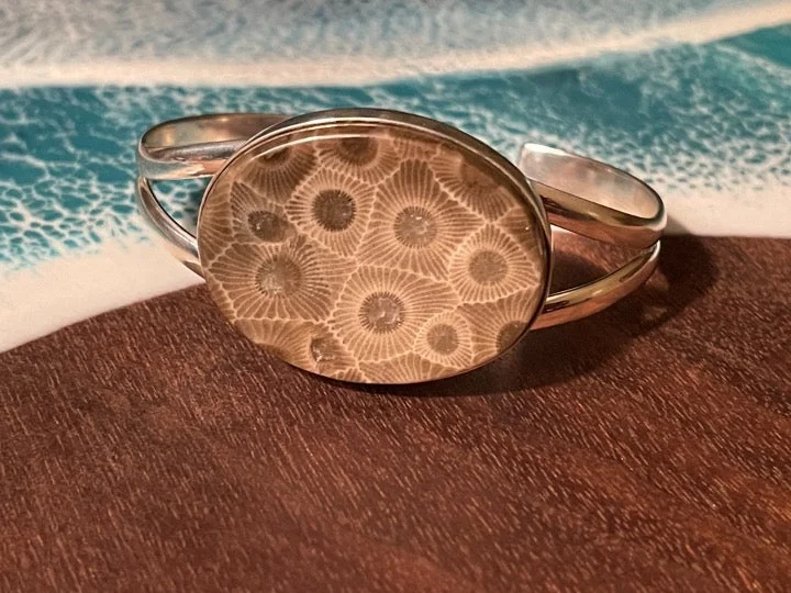 nail polish cider brown-Betty Bailey Petoskey Stone Stirling Silver Cuff Bracelet - Large Oval Flat