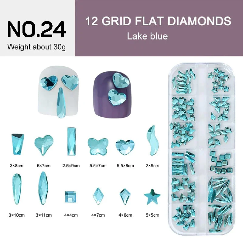 Nail rhinestone fast delivery-12 Grids Flat Diamonds Rhinestones #24 Lake Blue