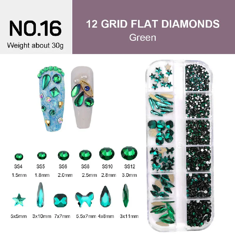 Nail rhinestone expert tips-12 Grids Flat Diamonds Rhinestones #16 Green