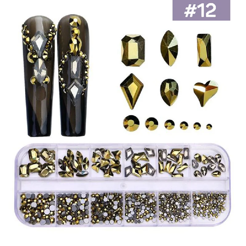 Nail rhinestone handmade sets-12 Grids Flatback Rhinestones RB-12 Mine Gold