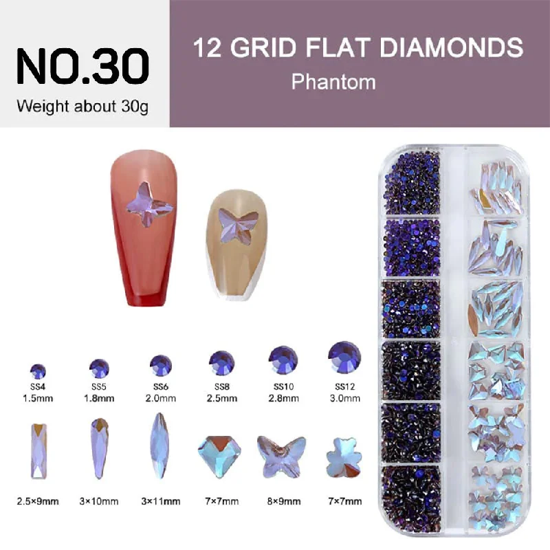 Nail rhinestone chip-resistant-12 Grids Flat Diamonds Rhinestones #30 Phantom