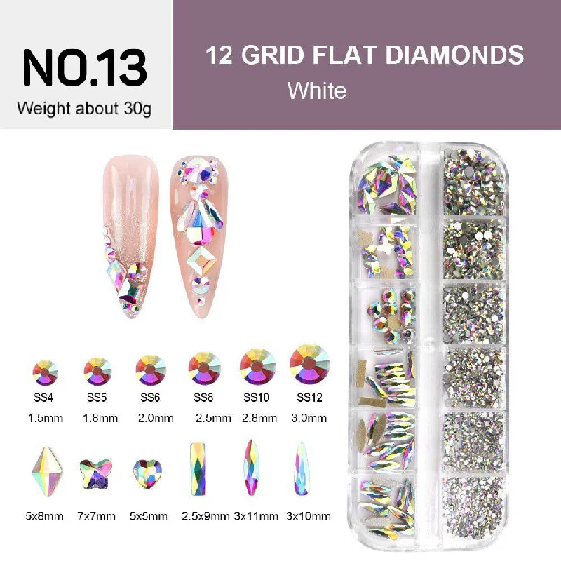 Nail rhinestone trending now-12 Grids Flat Diamonds Rhinestones #13 White AB