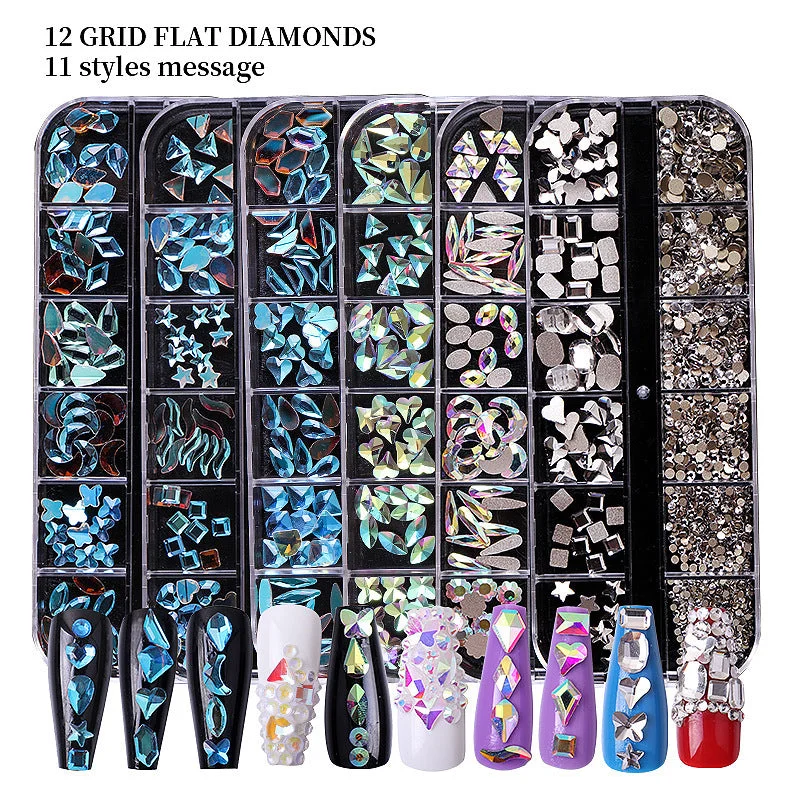 Nail art decoration food-12 Grid AB Crystals nail Decoration Crystal Rhinestones Set Holographic Stones Flat back Mixed Size Multi-shape Glitter Nail