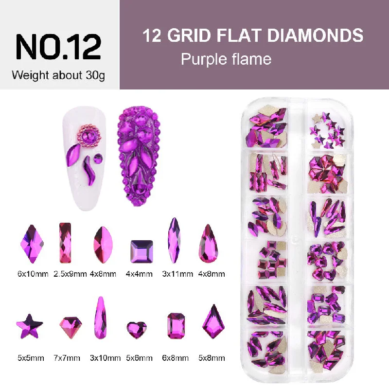 Nail rhinestone best sellers-12 Grids Flat Diamonds Rhinestones #12 Purple Flame