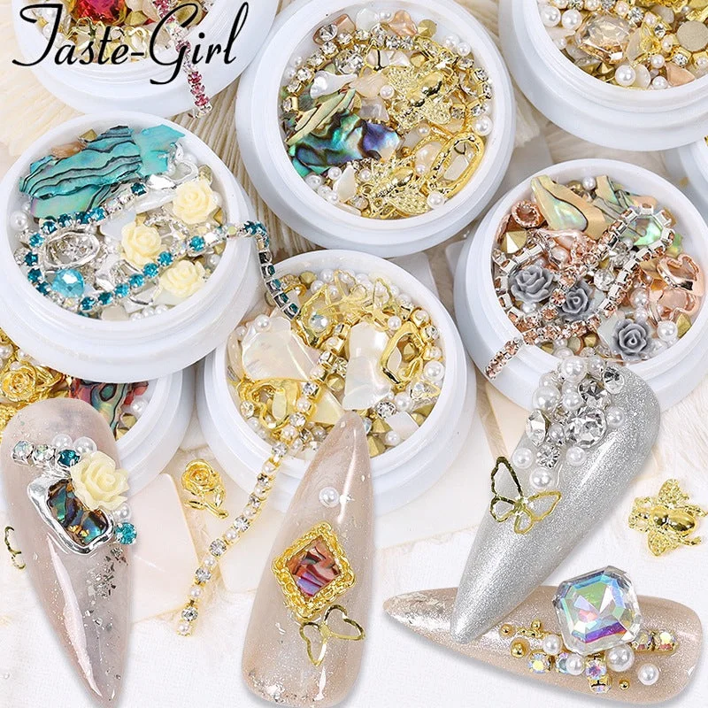 Nail art decoration cake-Mix Glitter Diamond Pearls Shell Metal Pixie Nail Art Rhinestones Gems AB Crystal