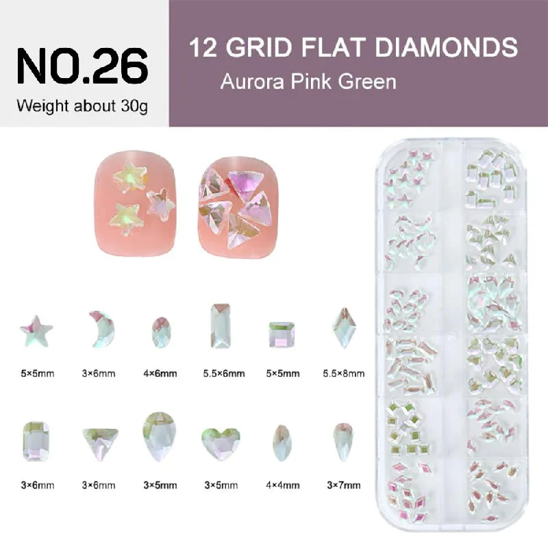 Nail rhinestone cruelty-free-12 Grids Flat Diamonds Rhinestones #26 Aurora Pink Green